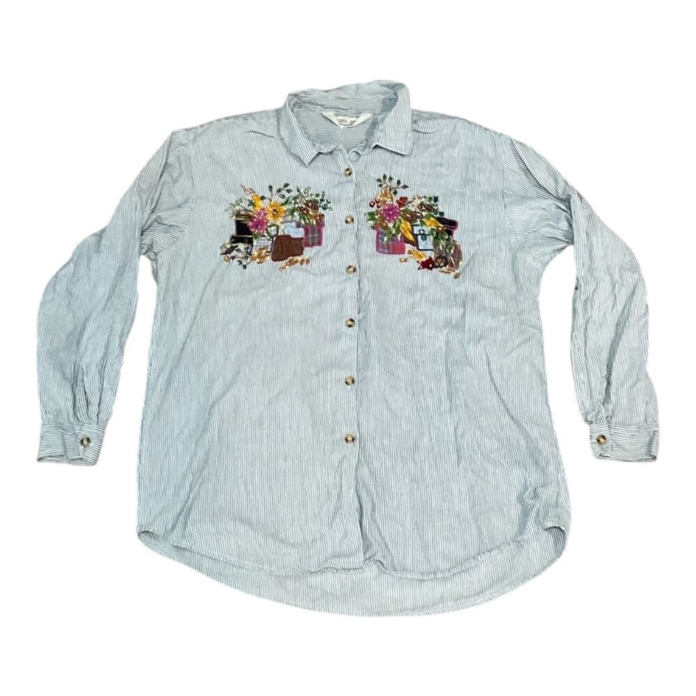 Victoria Jones Embroidered Flowers Top Stripe 18 100% Cotton